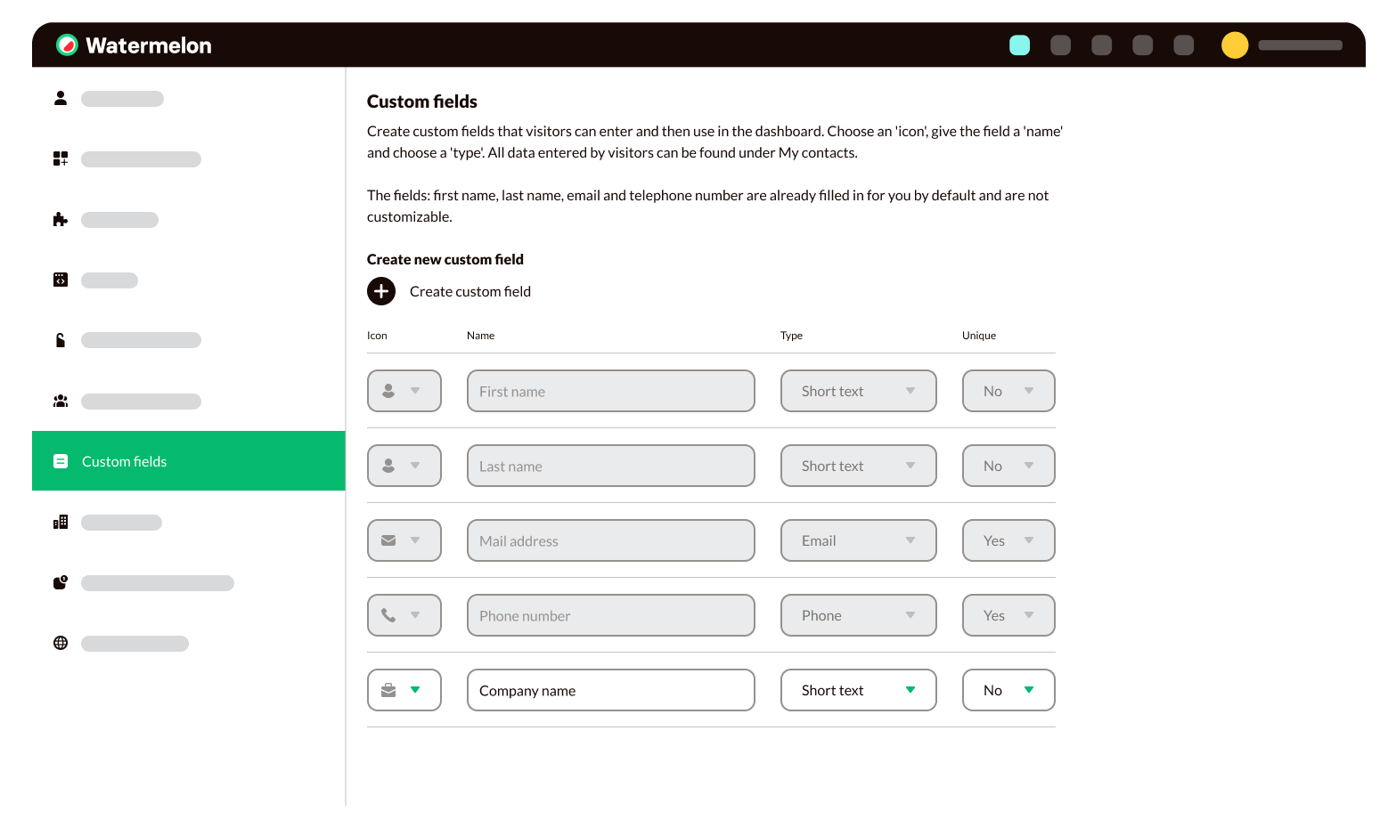 watermelon dashboard custom fields view