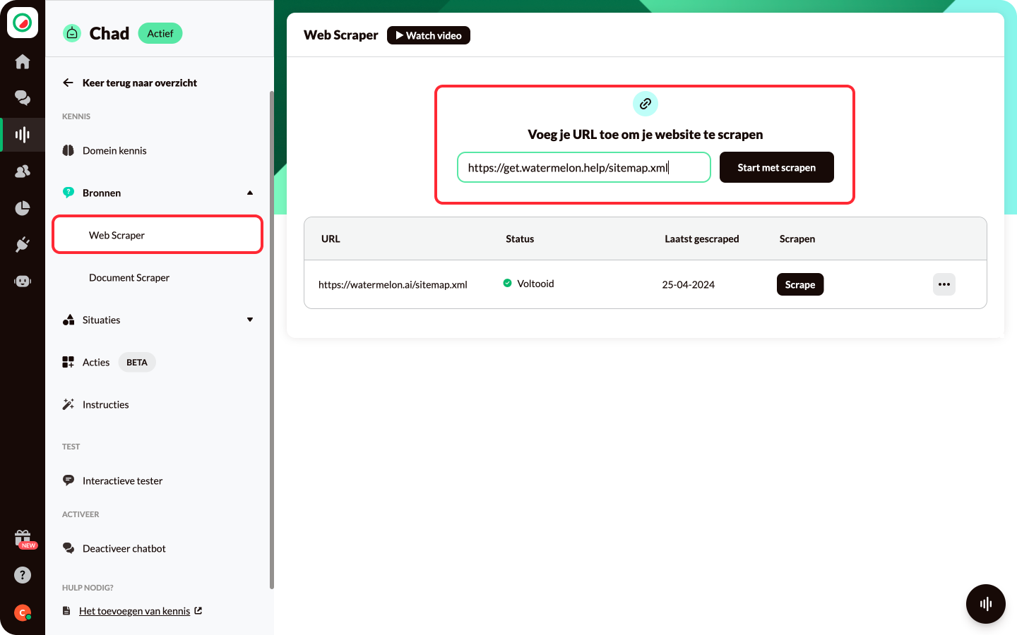 Watermelon AI chatbot web scraper feature